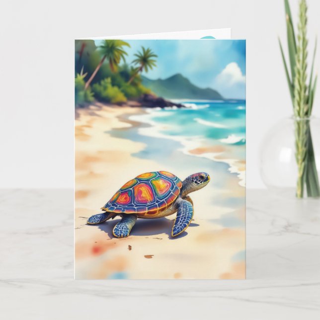 Tarjeta Tortuga acuática de cumpleaños en una playa (Anverso)