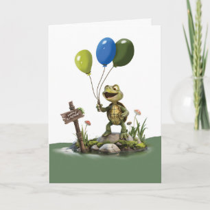 Tarjeta Tortuga caprichosa de cumpleaños sosteniendo globo