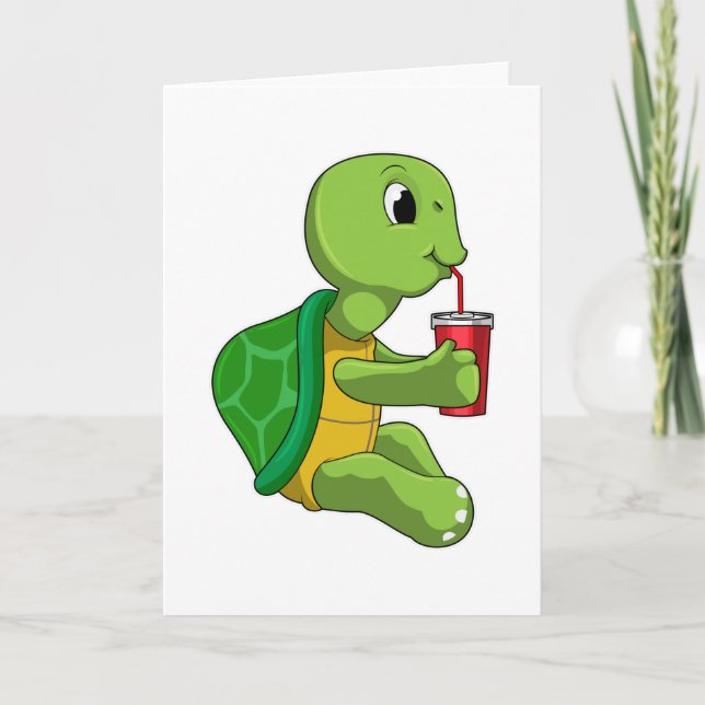 Tarjeta Tortuga con taza para beber con pajita (Anverso)