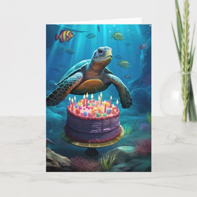 Tarjeta Tortuga con un pastel de cumpleaños (Anverso)
