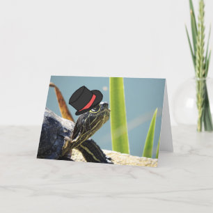 Tarjeta Tortuga con un saludo en blanco monocle y sombrero