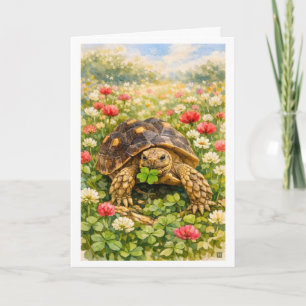 Tarjeta Tortuga de acuarela Feliz Cumpleaños con trébol de
