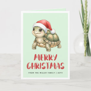 Tarjeta Tortuga de Navidad con sombrero de Santa acuarela