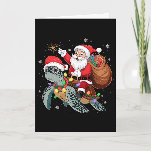 Tarjeta Tortuga Divertida Navidad Santa Cabalgando Tortuga (Anverso)