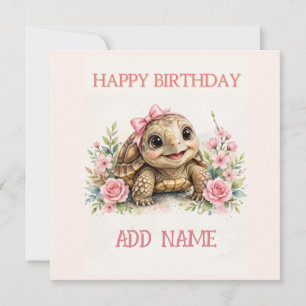 Tarjeta Tortuga hembra: Animal bebé lazo y flores pastel