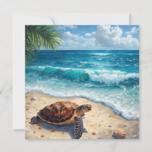 Tarjeta Tortuga marina acuarela en playa tropical arenosa