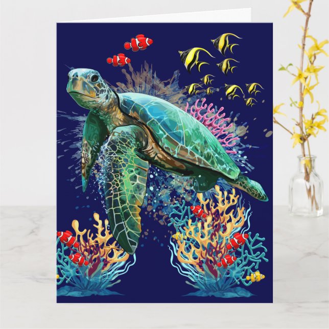 Tarjeta Tortuga marina bajo el agua Estilo (flor amarilla)