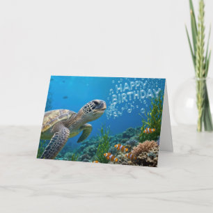 Tarjeta Tortuga marina con burbujas de feliz cumpleaños
