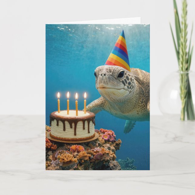 Tarjeta Tortuga marina con pastel de cumpleaños (Anverso)