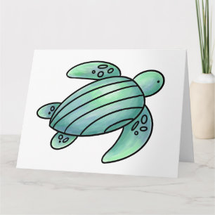 Tarjeta tortuga marina pintada con acuarela azul verde de 