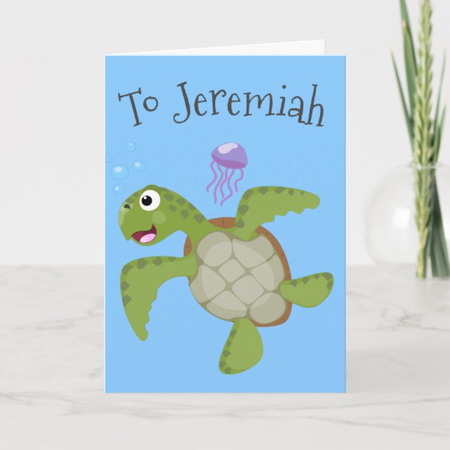 Tarjeta Tortuga marina verde suave feliz ilustracion perso (Anverso)