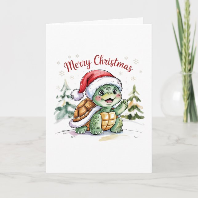 Tarjeta Tortuga moderna de moda para navidad en Santa Hat (Anverso)