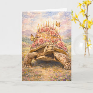 Tarjeta Tortuga Sulcata de rosas de cumpleaños y mariposas