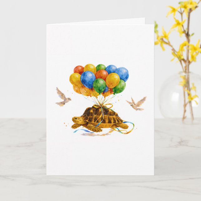 Tarjeta Tortuga Sulcata voladora de cumpleaños con globos (flor amarilla)