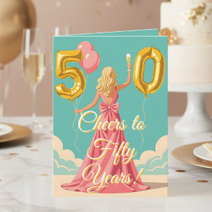Tarjeta Tostadas de mujer con champagne 50 cumpleaños