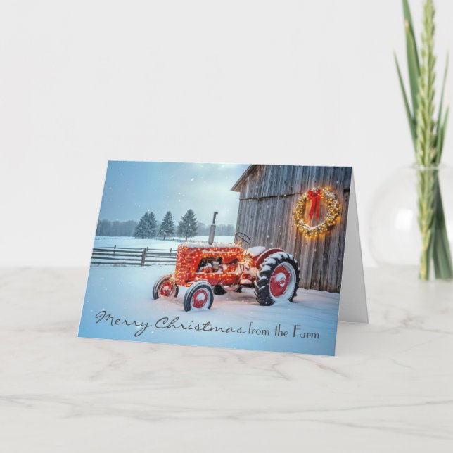 Tarjeta Tractor agrícola rojo de Navidad en la nieve (Anverso)