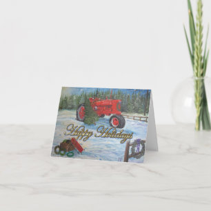 Tarjeta Tractor Antiguo Felices Fiestas en una Granja de Á