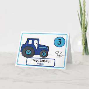 Tarjeta tractor azul y perro de 3 años