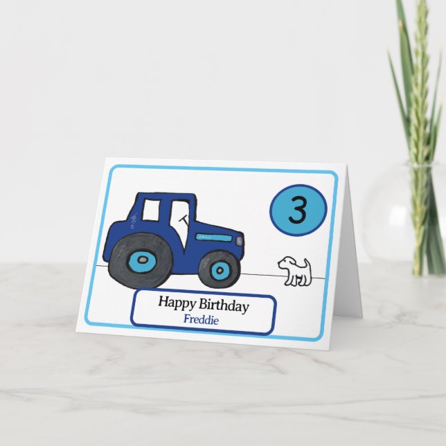 Tarjeta tractor azul y perro de 3 años (Anverso)