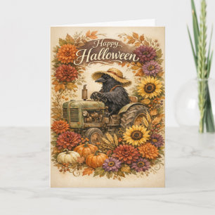 Tarjeta Tractor de cuervo de Halloween vintage cosecha 