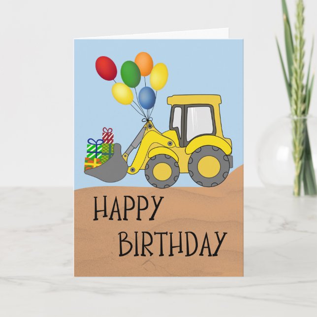 Tarjeta Tractor de cumpleaños con cubeta llena de regalos (Anverso)