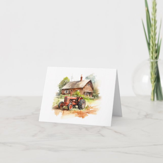 Tarjeta Tractor de granja antigua con casco antiguo en bla (Anverso)