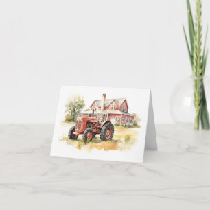 Tarjeta Tractor de granja antiguo con casa de granja antig