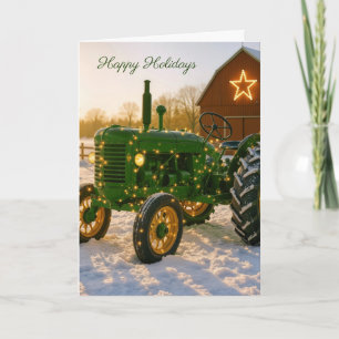 Tarjeta Tractor de granja verde de Navidad en la nieve