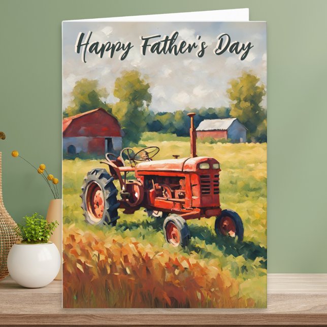 Tarjeta Tractor Rojo Clásico Feliz Día del Padre (A Father's Day card with illustration of an retro red tractor in a field on a farm)