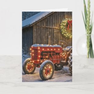 Tarjeta Tractor rojo de granja de Navidad con corona lumin
