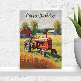 Tarjeta Tractor Rojo Vintage Granja Rústica Feliz Cumpleañ