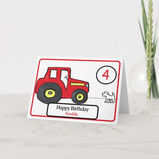 Tarjeta tractor rojo y perro 4 cumpleaños (Anverso)