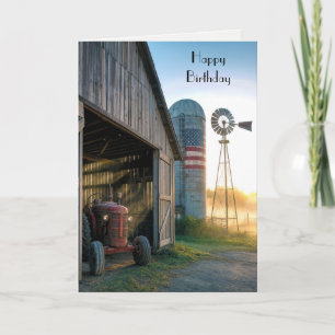 Tarjeta Tractor vintage de cumpleaños con molino de viento
