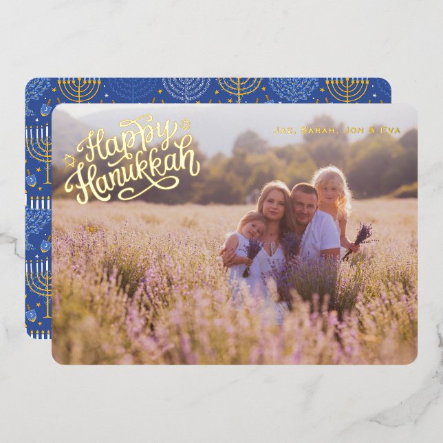 Tarjeta tradicional de Hanukkah con una foto estam (Anverso/Reverso)