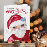 Tarjeta Tradicional Papá Noel te deseamos Feliz Navidad<br><div class="desc">Esta linda tarjeta de felicitación We Wish You incluye mi Santa clásica pintada a mano con un acento rojo y blanco con un poinsettia azul. Mi patrón festivo tradicional de Santa y las puntias está en la parte trasera. El texto se puede editar completamente en la página del producto.</div>