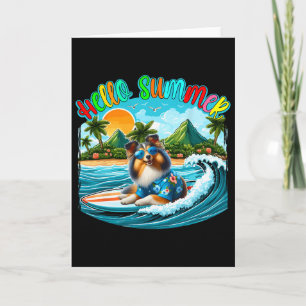 Tarjeta Traje de verano Sheltie Sungles surfeando en la pl