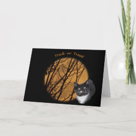 Tarjeta Trampa o vístete de Halloween gato negro y luna