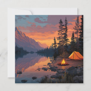 Tarjeta Tranquila escena de acampada junto a un lago de mo