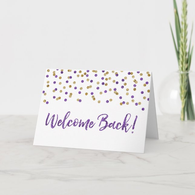 Tarjeta trasera de bienvenida Purple Gold Confetti (Anverso)