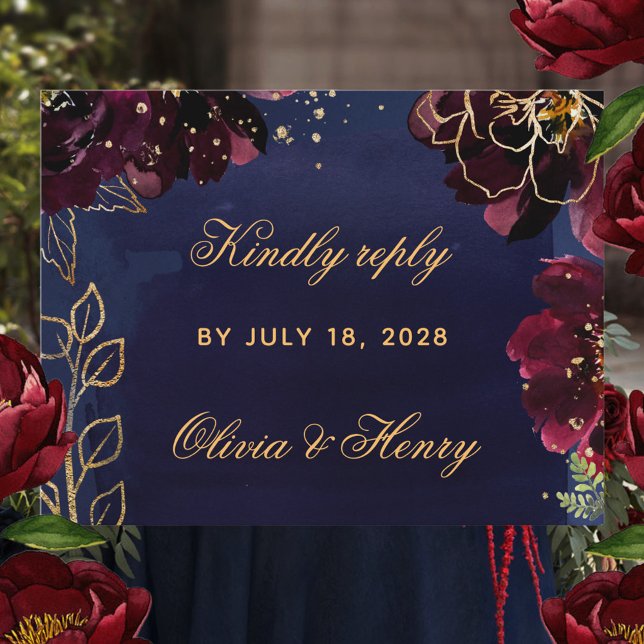 Tarjeta trasera de correo de Navy Bordeaux Wedding (Subido por el creador)