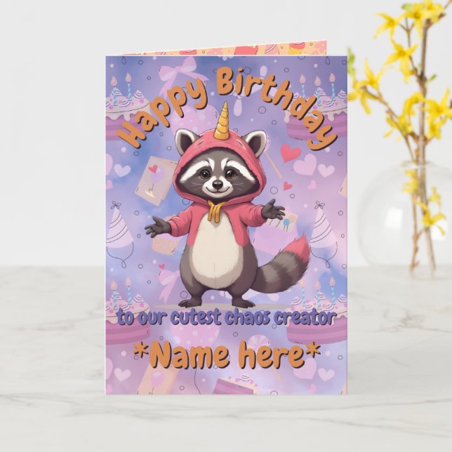 Tarjeta Trash Panda - Birthday Card - customizable name (flor amarilla)