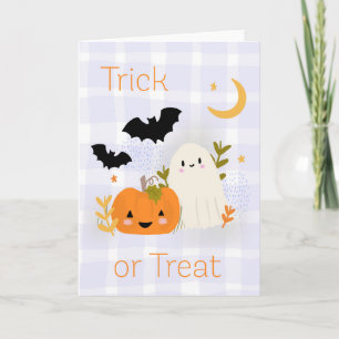 Tarjeta Trato o truco de otoño de Halloween con fantasía y