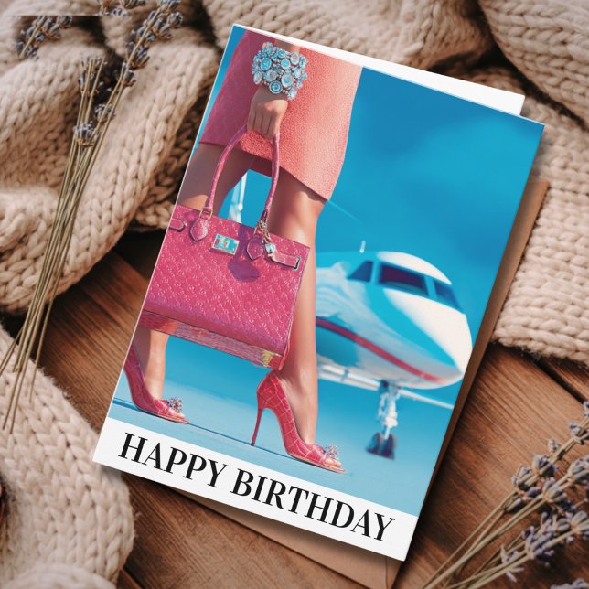 Tarjeta Travel Birthday Elegant Woman Handbag & Airplane (Subido por el creador)