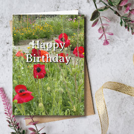 Tarjeta Travel Birthday Red Poppy Flowers Fun Photo 