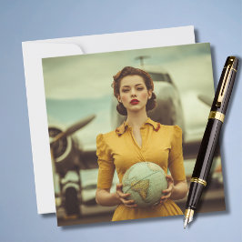 Tarjeta Travel Birthday Vintage Retro Woman Airplane Chic