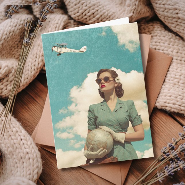 Tarjeta Travel Birthday Vintage Retro Woman Map & Airplane (Subido por el creador)