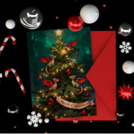 Tarjeta Travieso Júbilo – Dragones de Navidad en el Árbol