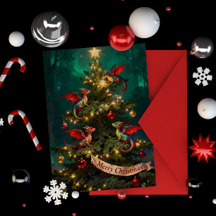 Tarjeta Travieso Júbilo – Dragones de Navidad en el Árbol