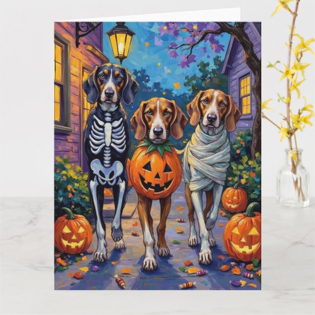 Tarjeta Treeing Walker Coonhound con disfraces de Hallowee (flor amarilla)