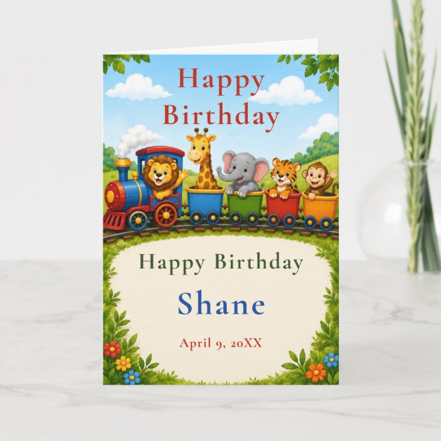 Tarjeta Tren de Animales del Bosque Feliz Cumpleaños (Anverso)